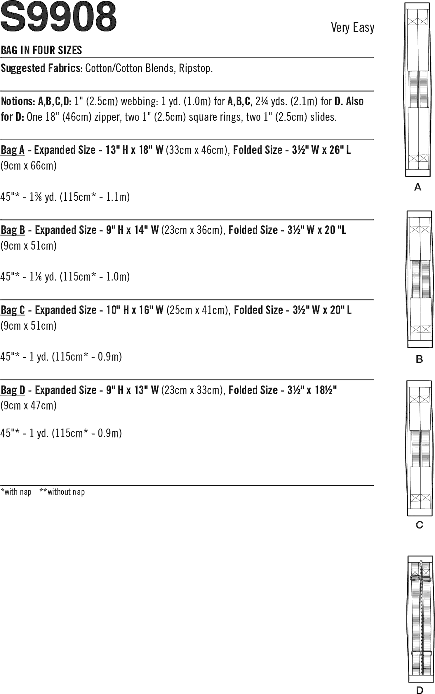 Simplicity Sewing Pattern S9908 Bag in Four Sizes 9908 Fabric Quantity Requirements From Patternsandplains.com