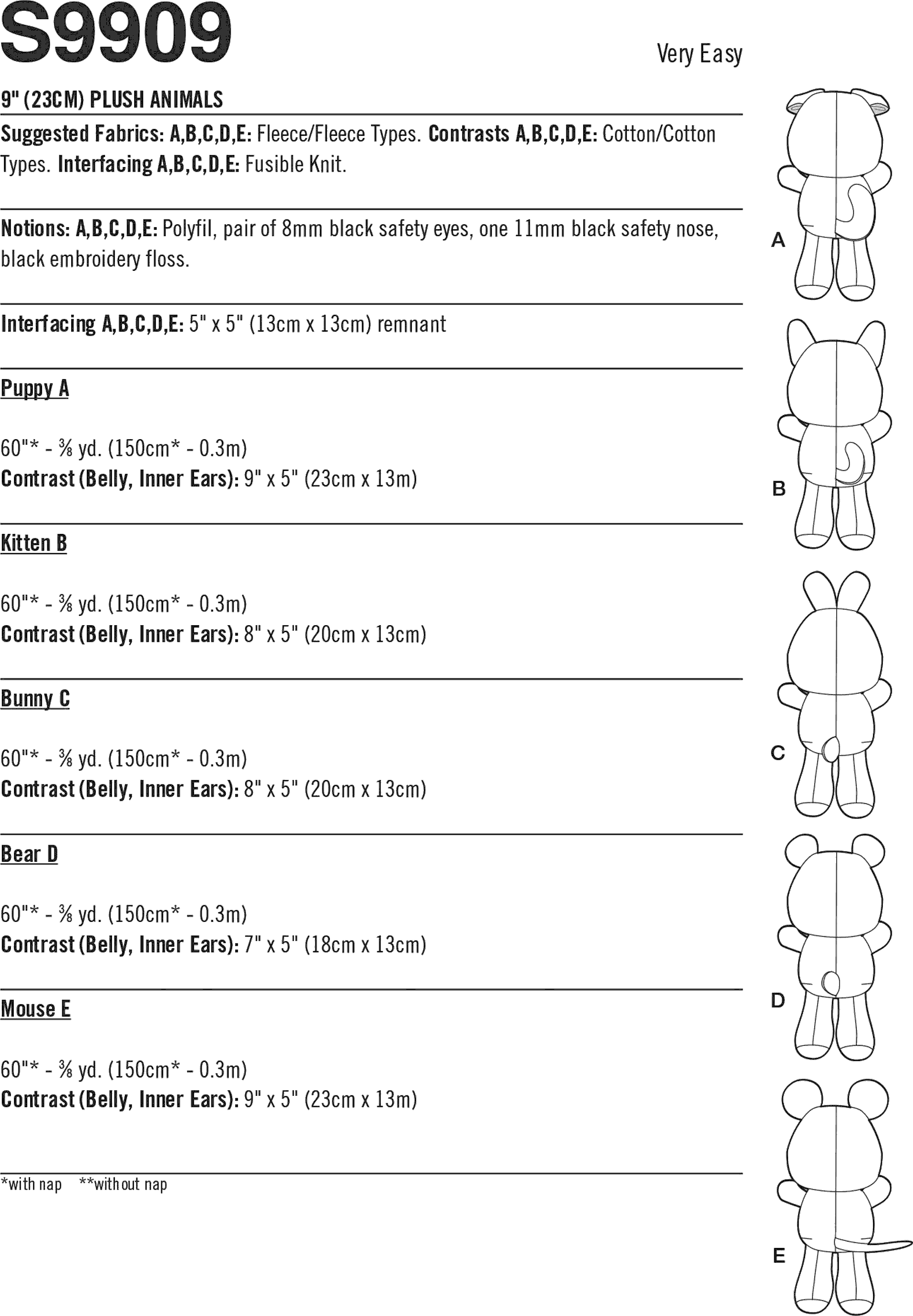 Simplicity Sewing Pattern S9909 Plush Animals By Carla Reiss Design 9909 Fabric Quantity Requirements From Patternsandplains.com