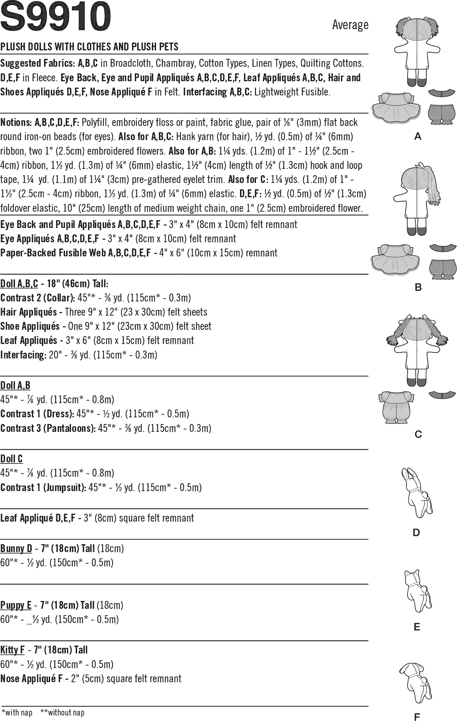 Simplicity Sewing Pattern S9910 Plush dolls with clothes and plush pets By Elaine Heigl Designs 9910 Fabric Quantity Requirements From Patternsandplains.com