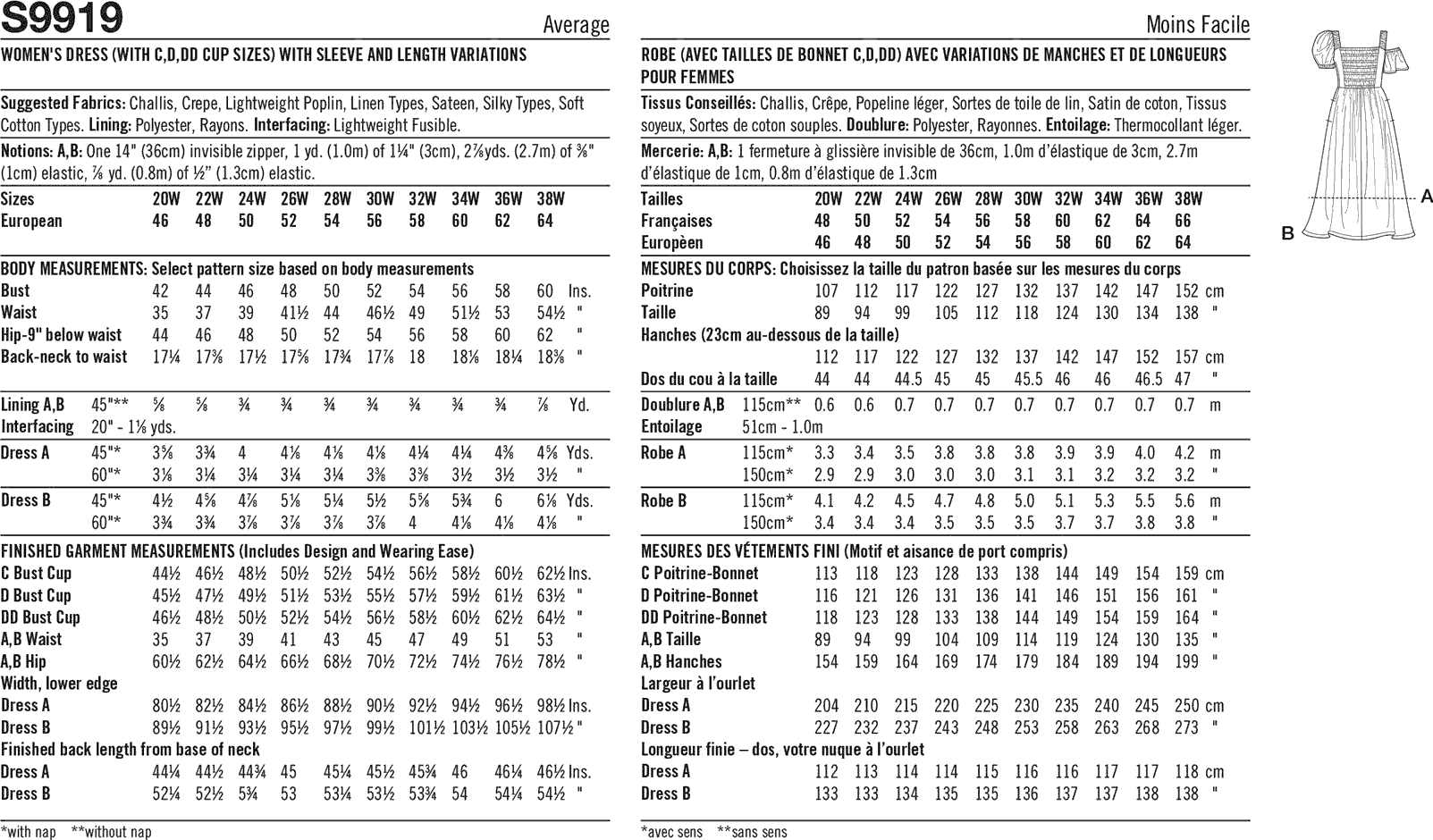 Simplicity Sewing Pattern S9919 Womens Dress with Sleeve and Length Variations 9919 Fabric Quantity Requirements From Patternsandplains.com