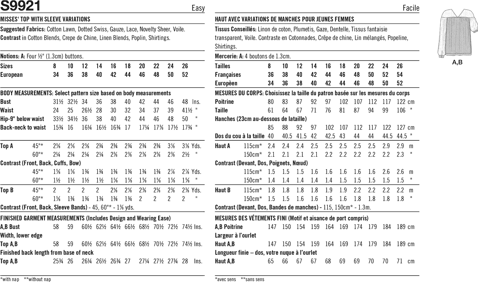 Simplicity Sewing Pattern S9921 Misses Top with Sleeve Variations 9921 Fabric Quantity Requirements From Patternsandplains.com