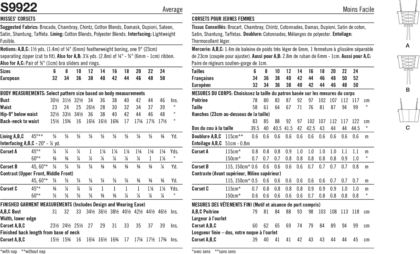 Simplicity Sewing Pattern S9922 Misses Corsets 9922 Fabric Quantity Requirements From Patternsandplains.com