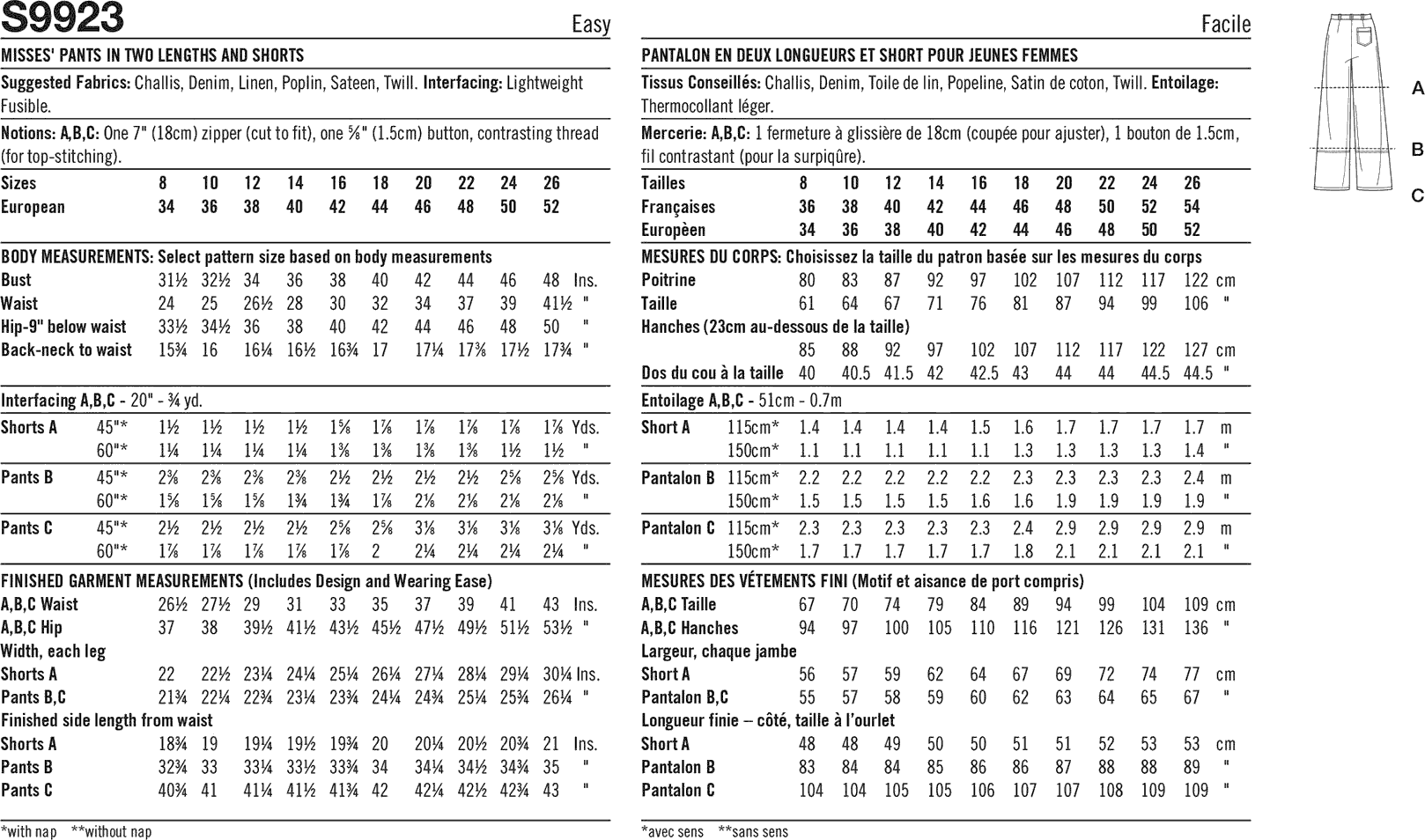 Simplicity Sewing Pattern S9923 Misses Pants in Two Lengths and Shorts 9923 Fabric Quantity Requirements From Patternsandplains.com