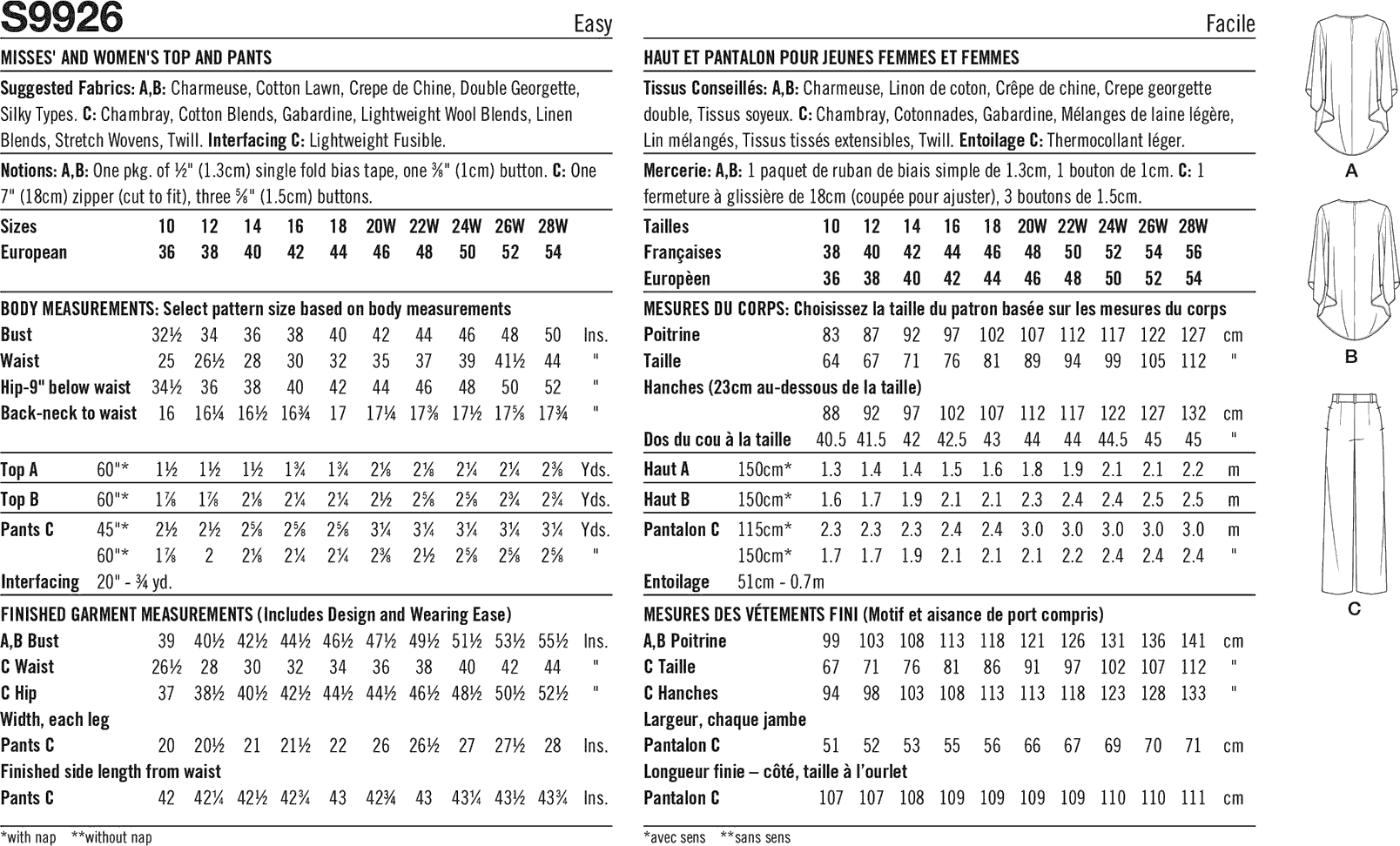 Simplicity Sewing Pattern S9926 Misses and Womens Tops and Pants 9926 Fabric Quantity Requirements From Patternsandplains.com