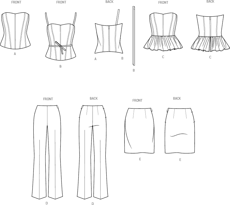 Simplicity Sewing Pattern S9927 Misses Corsets Pants and Skirt 9927 Line Art From Patternsandplains.com