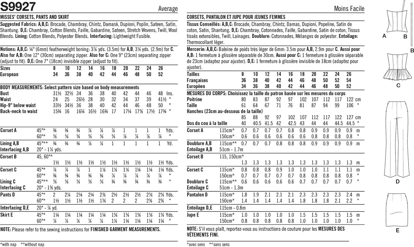 Simplicity Sewing Pattern S9927 Misses Corsets Pants and Skirt 9927 Fabric Quantity Requirements From Patternsandplains.com