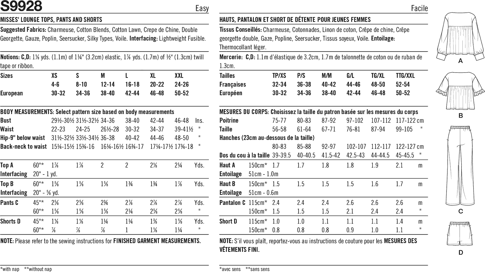 Simplicity Sewing Pattern S9928 Misses Lounge Tops Pants and Shorts 9928 Fabric Quantity Requirements From Patternsandplains.com