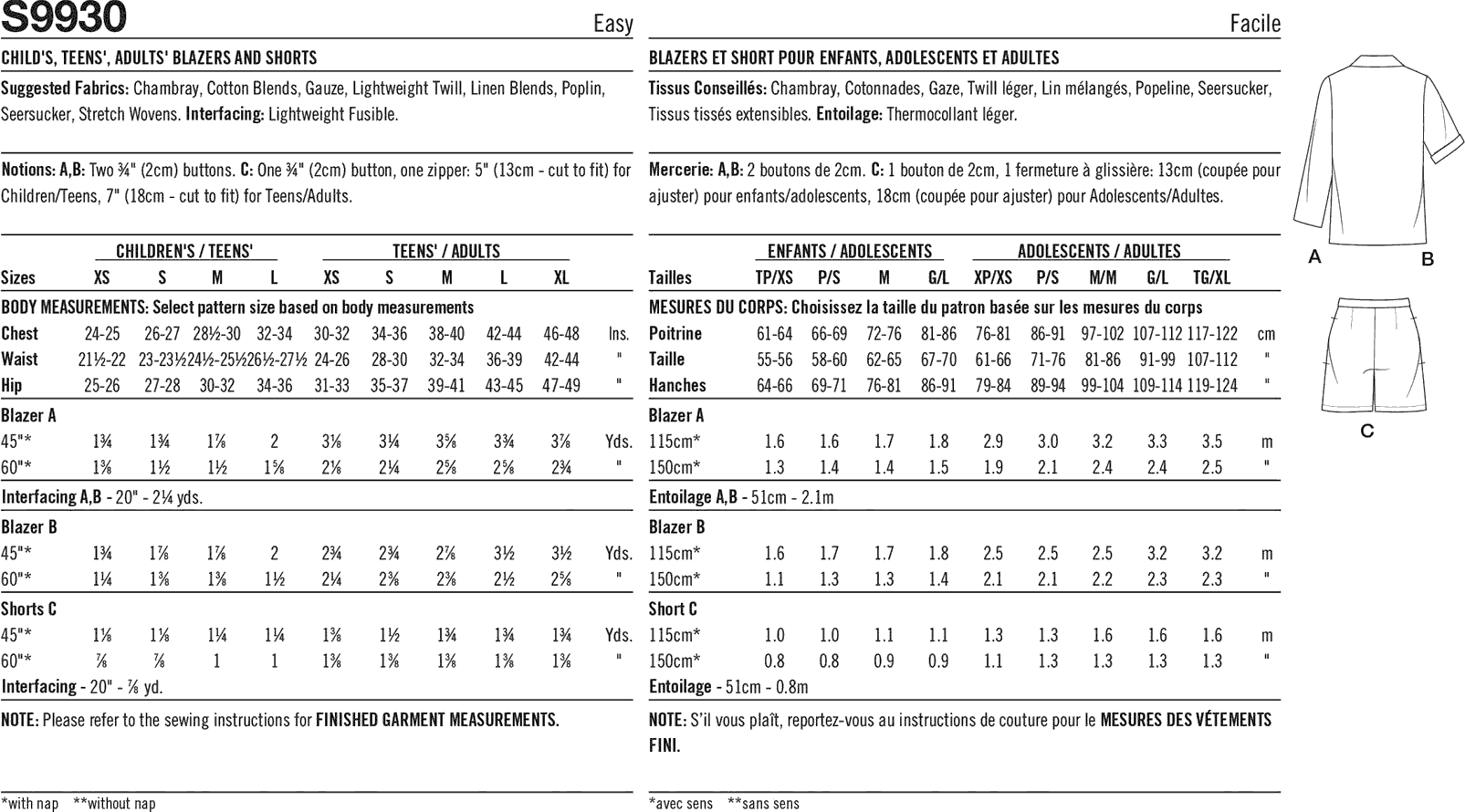 Simplicity Sewing Pattern S9930 Childrens Teens and Adults Blazers and Shorts 9930 Fabric Quantity Requirements From Patternsandplains.com