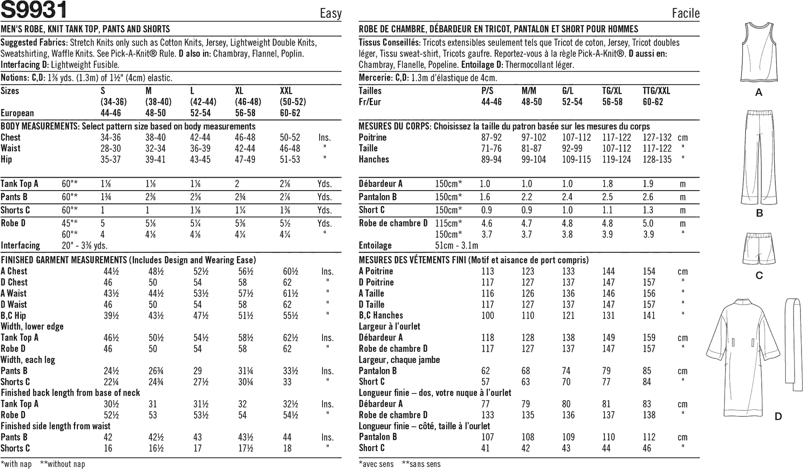 Simplicity Sewing Pattern S9931 Mens Robe Knit Tank Top Pants and Shorts by Norris Danta Ford 9931 Fabric Quantity Requirements From Patternsandplains.com