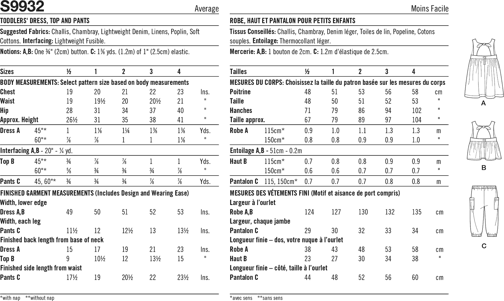 Simplicity Sewing Pattern S9932 Toddlers Dress Top and Pants 9932 Fabric Quantity Requirements From Patternsandplains.com
