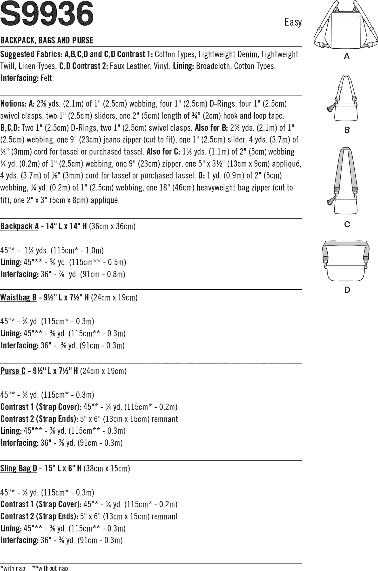 Simplicity Sewing Pattern S9936 Backpack Bags and Purse by Elaine Heigl Designs 9936 Fabric Quantity Requirements From Patternsandplains.com