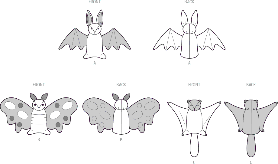 Simplicity Sewing Pattern S9940 Plush Bat Moth and Flying Squirrel 9940 Line Art From Patternsandplains.com