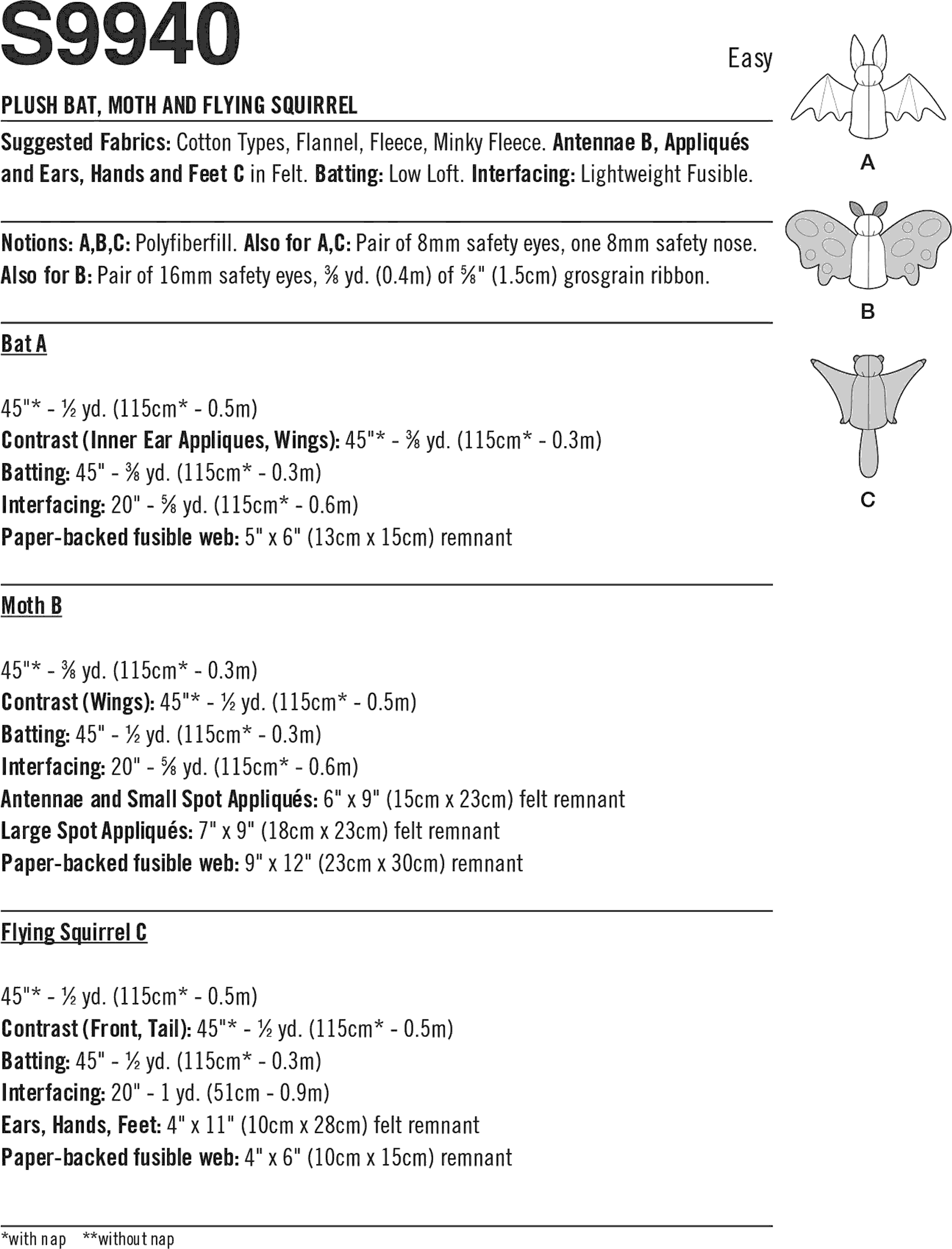 Simplicity Sewing Pattern S9940 Plush Bat Moth and Flying Squirrel 9940 Fabric Quantity Requirements From Patternsandplains.com
