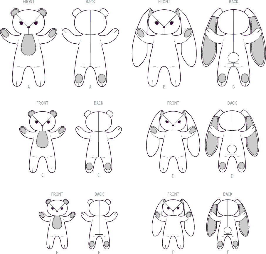 Simplicity Sewing Pattern S9941 Plush Bears and Bunnies in Three Sizes 9941 Line Art From Patternsandplains.com