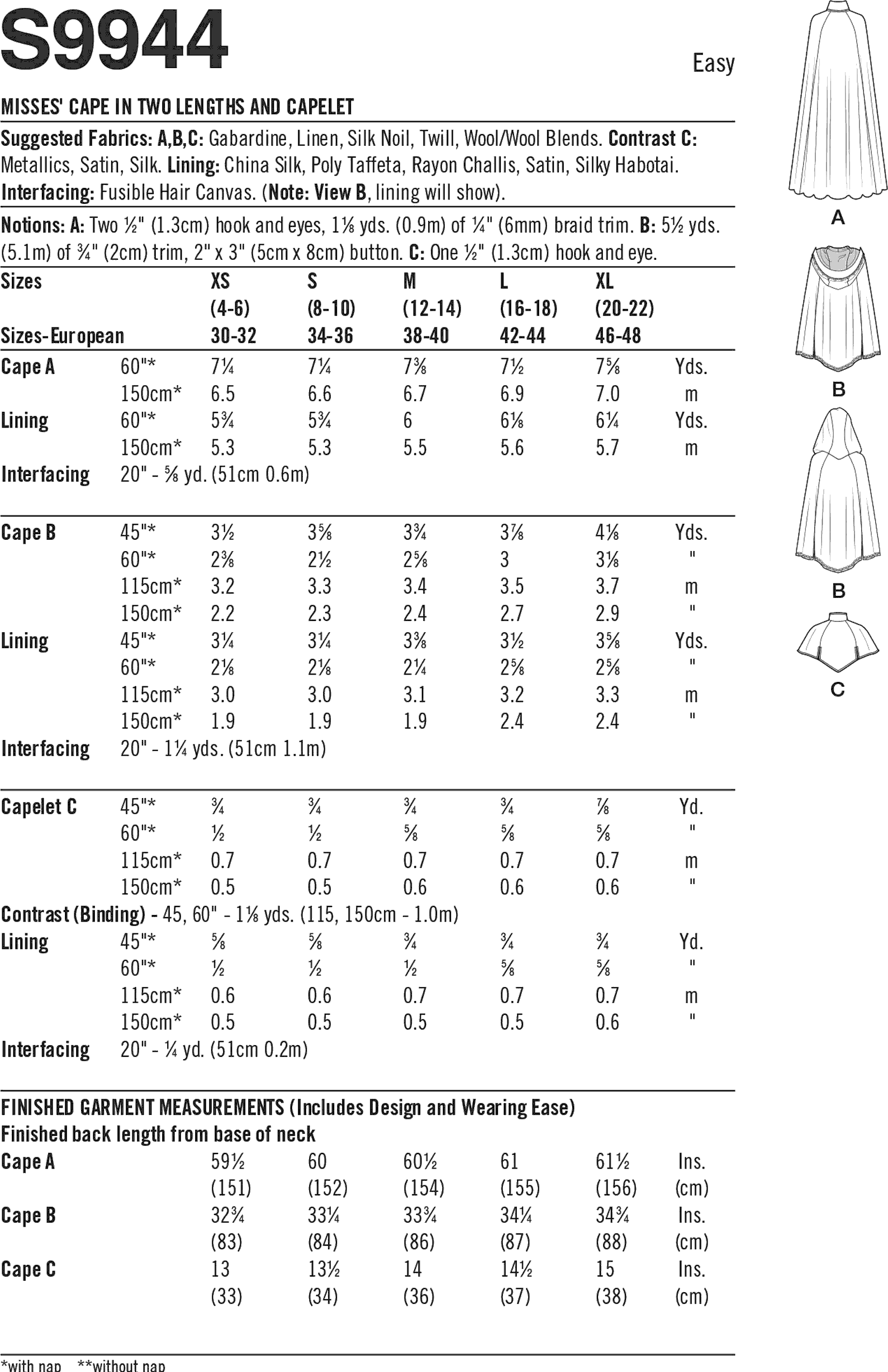 Simplicity Sewing Pattern S9944 Misses Capelet and Cape in Two Lengths by Scissor IMP Workshop 9944 Fabric Quantity Requirements From Patternsandplains.com