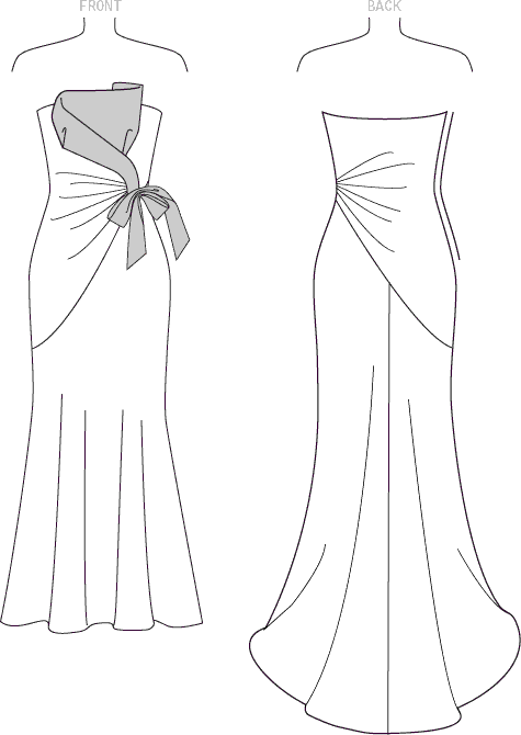 Vogue Pattern V1533 Misses Strapless Front Drape Dress with Train 1533 Line Art From Patternsandplains.com