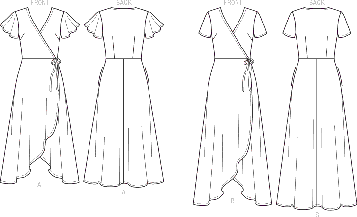 Vogue Pattern V1734 Misses Wrap Dresses with Ties Sleeve and Length Variations 1734 Line Art From Patternsandplains.com