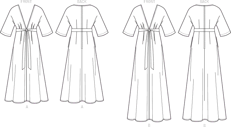 Vogue Pattern V1735 Misses Deep V Kimono Style Dresses with Self Tie 1735 Line Art From Patternsandplains.com
