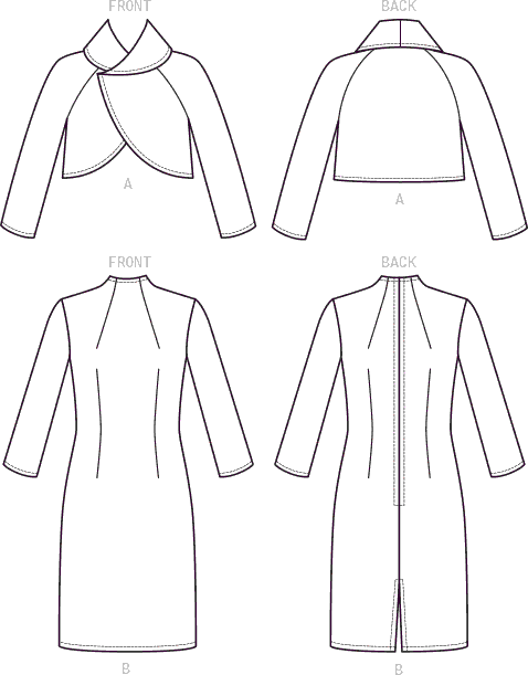 Vogue Pattern V1736 Misses Lined Raglan Sleeve Jacket and Funnel Neck Dress 1736 Line Art From Patternsandplains.com