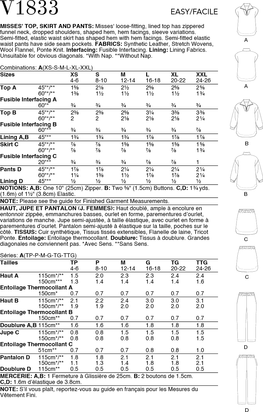 Vogue Pattern V1833 Misses Top Skirt and Pants 1833 Fabric Quantity Requirements From Patternsandplains.com