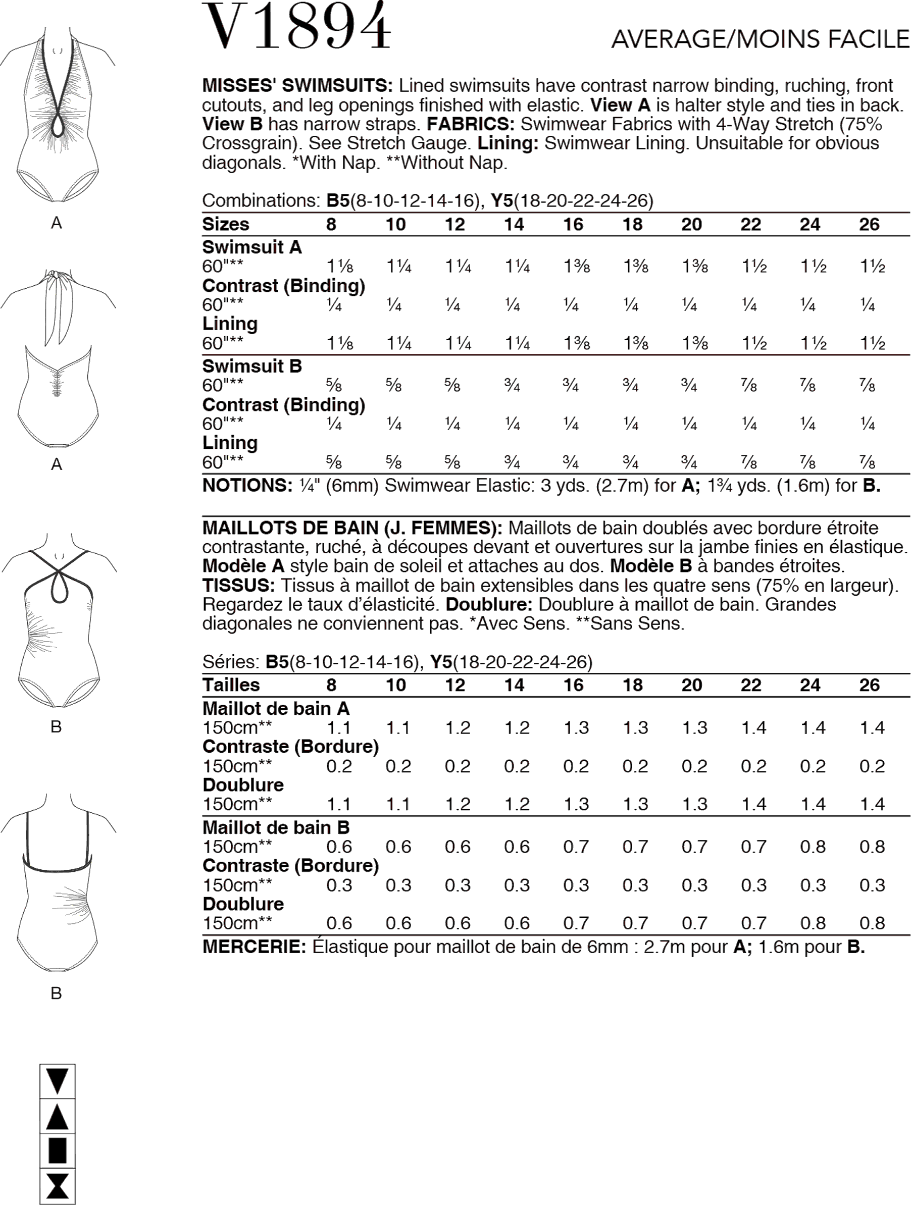 Vogue Pattern V1894 Misses Swimsuits 1894 Fabric Quantity Requirements From Patternsandplains.com