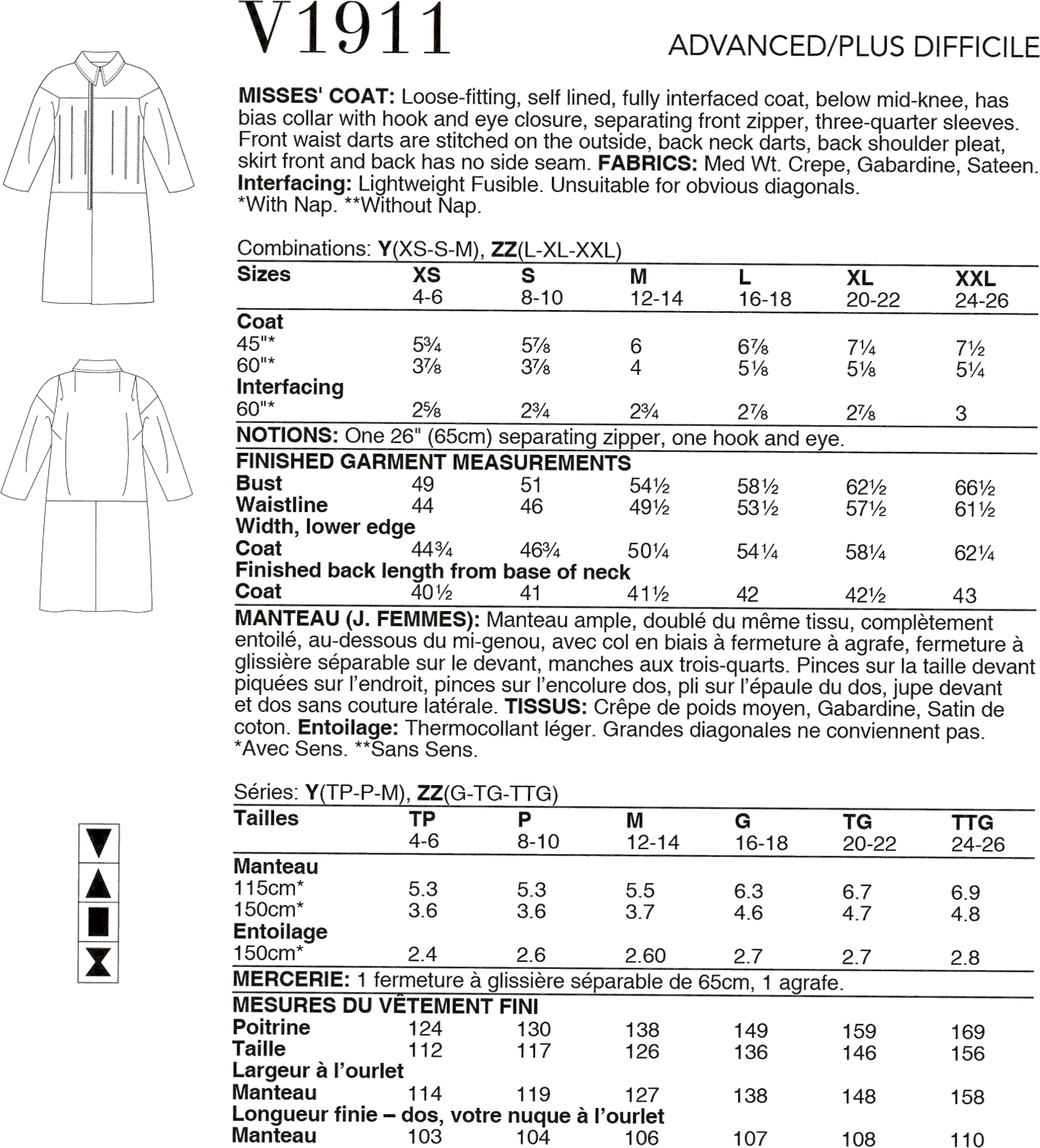 Vogue Pattern V1911 Misses Coat by Guy Laroche 1911 Fabric Quantity Requirements From Patternsandplains.com