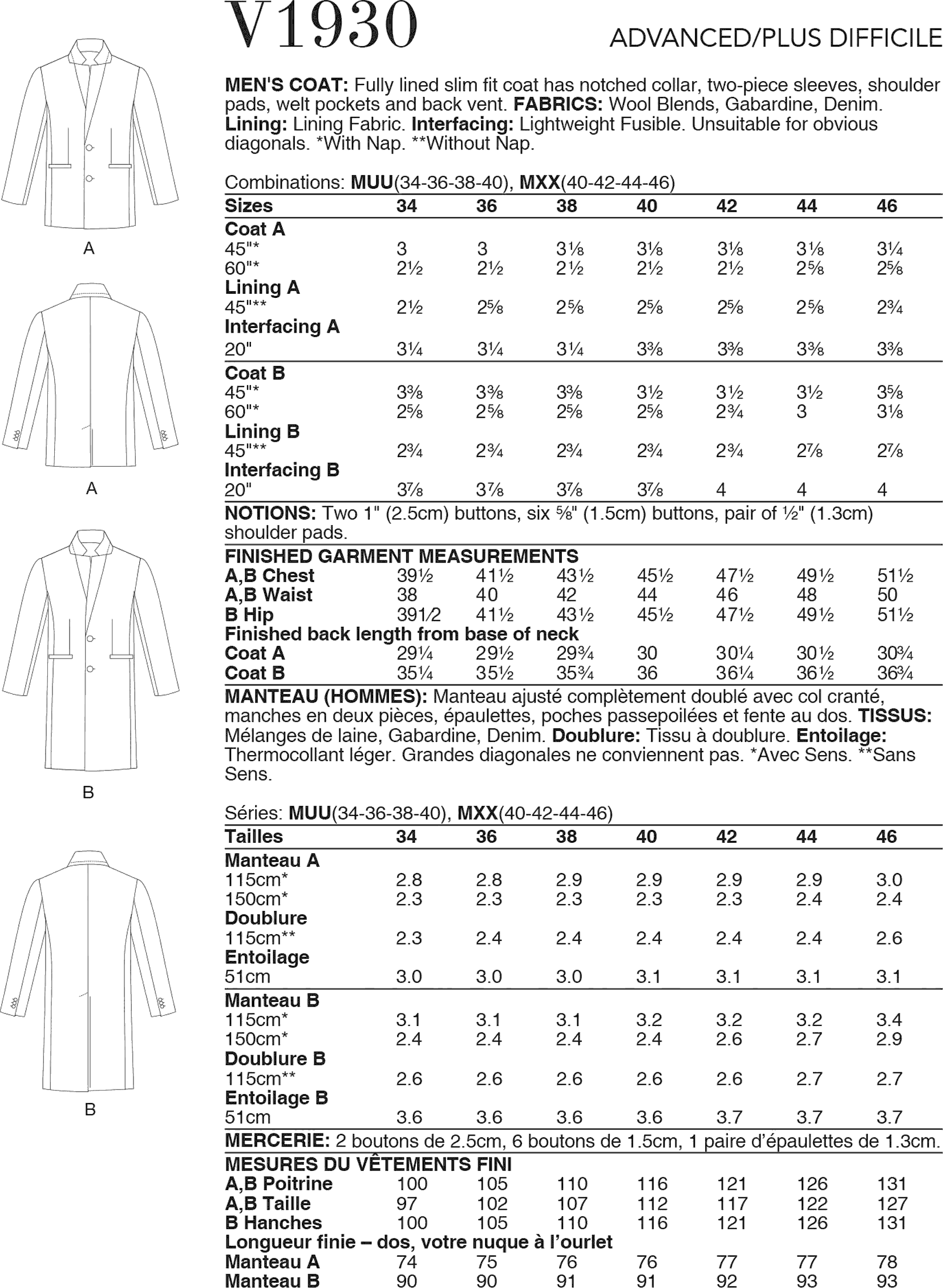 Vogue Pattern V1930 Mens Coat 1930 Fabric Quantity Requirements From Patternsandplains.com