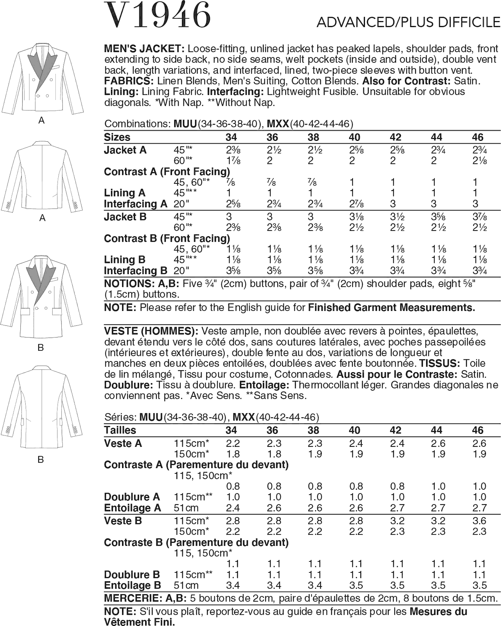 Vogue Pattern V1946 Mens Jacket 1946 Fabric Quantity Requirements From Patternsandplains.com