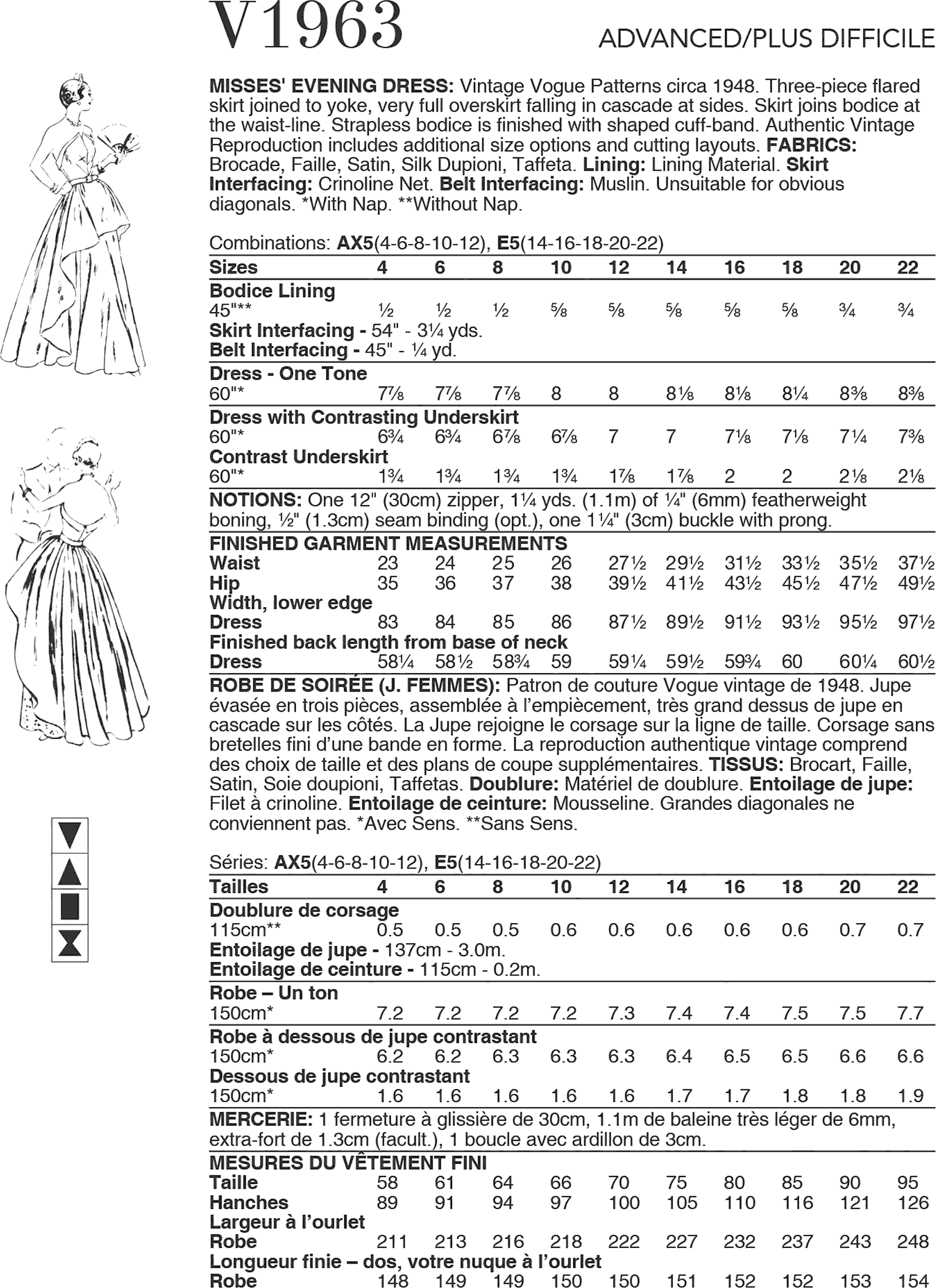 Vogue Pattern V1963 Misses Evening Dress 1963 Fabric Quantity Requirements From Patternsandplains.com