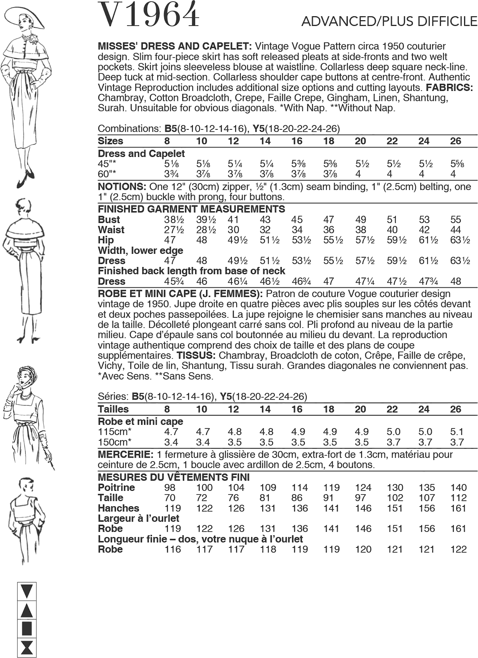 Vogue Pattern V1964 Misses Dress and Capelet 1964 Fabric Quantity Requirements From Patternsandplains.com