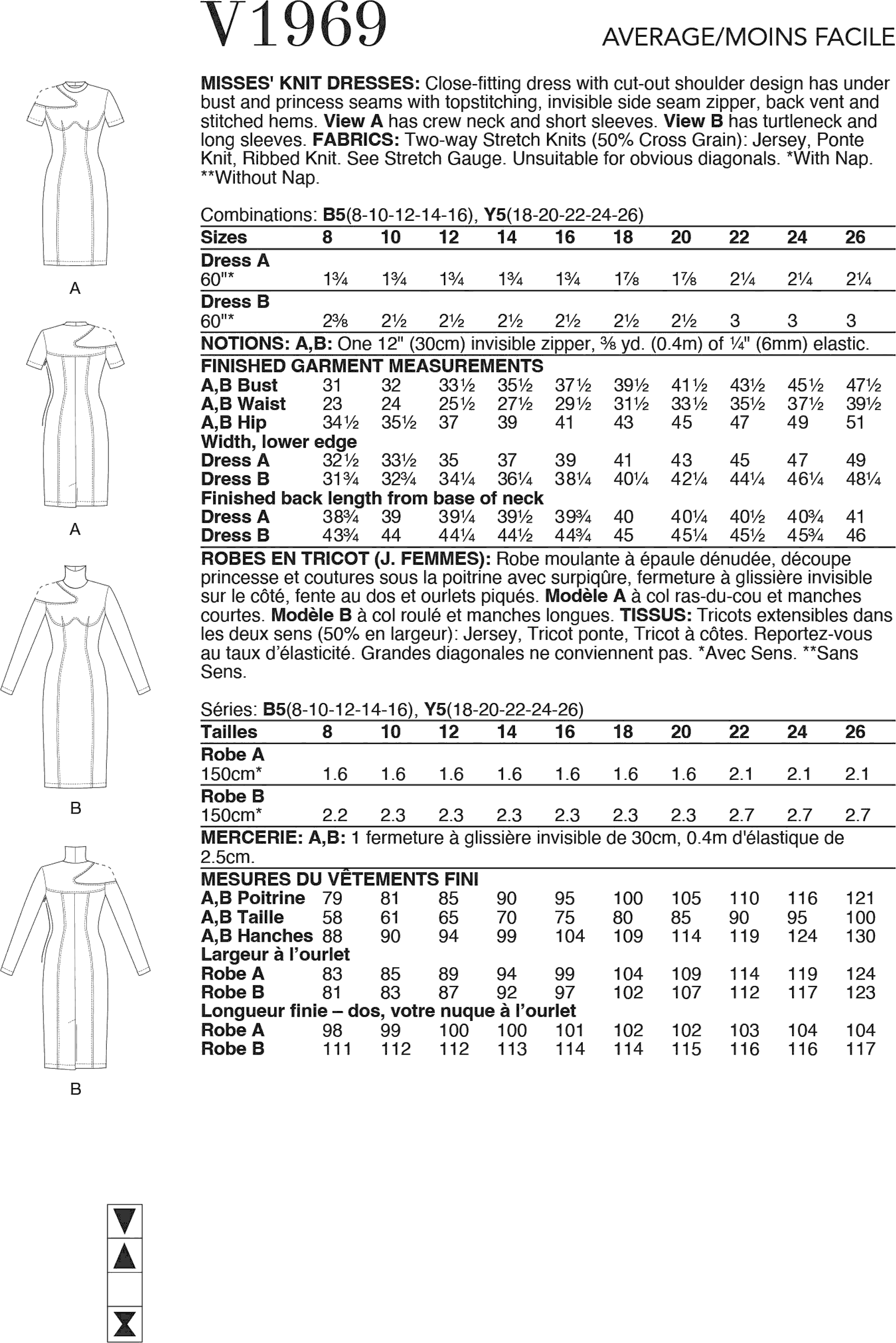 Vogue Pattern V1969 Misses Knit Dresses 1969 Fabric Quantity Requirements From Patternsandplains.com