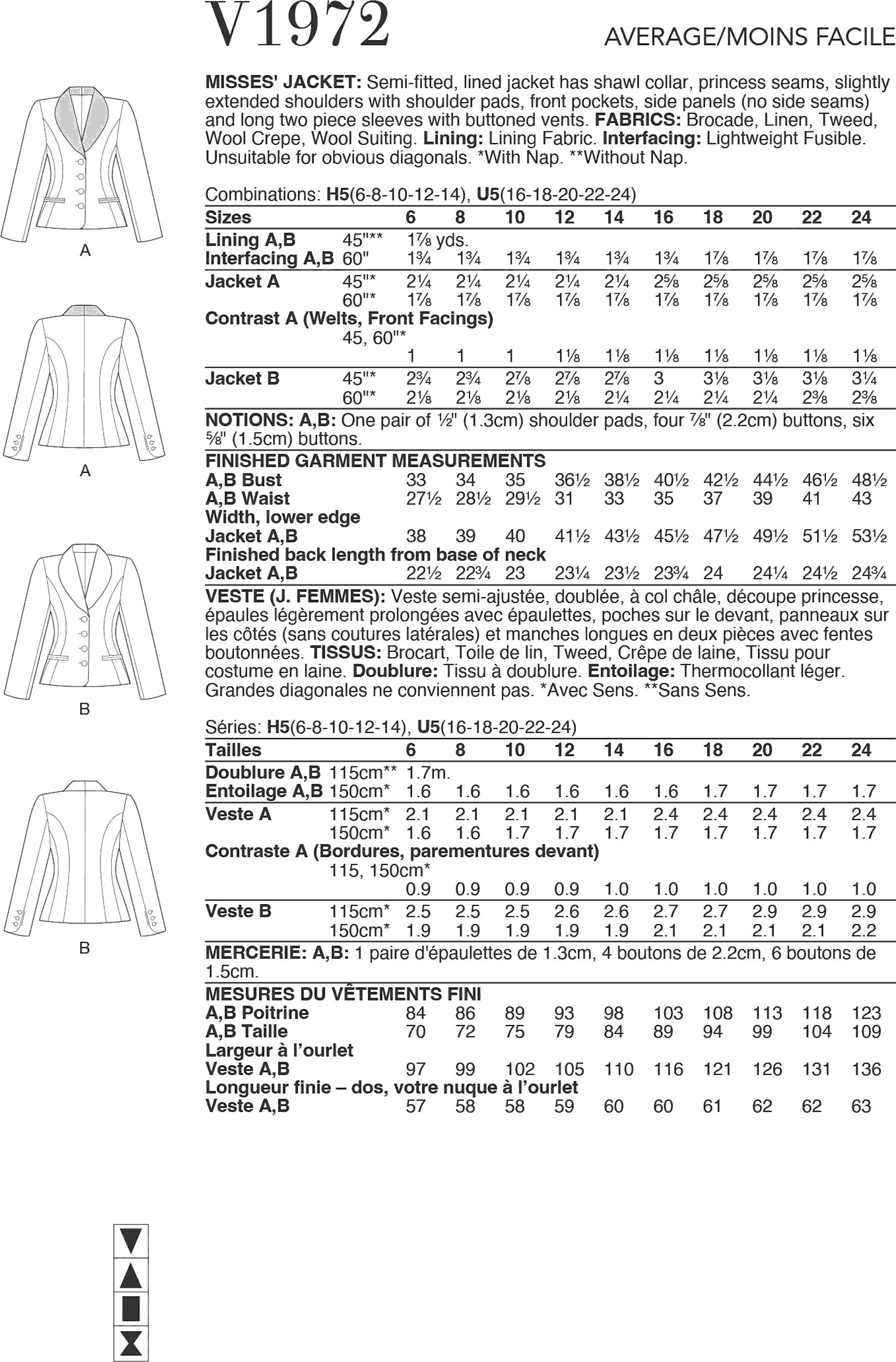 Vogue Pattern V1972 Misses Jacket 1972 Fabric Quantity Requirements From Patternsandplains.com