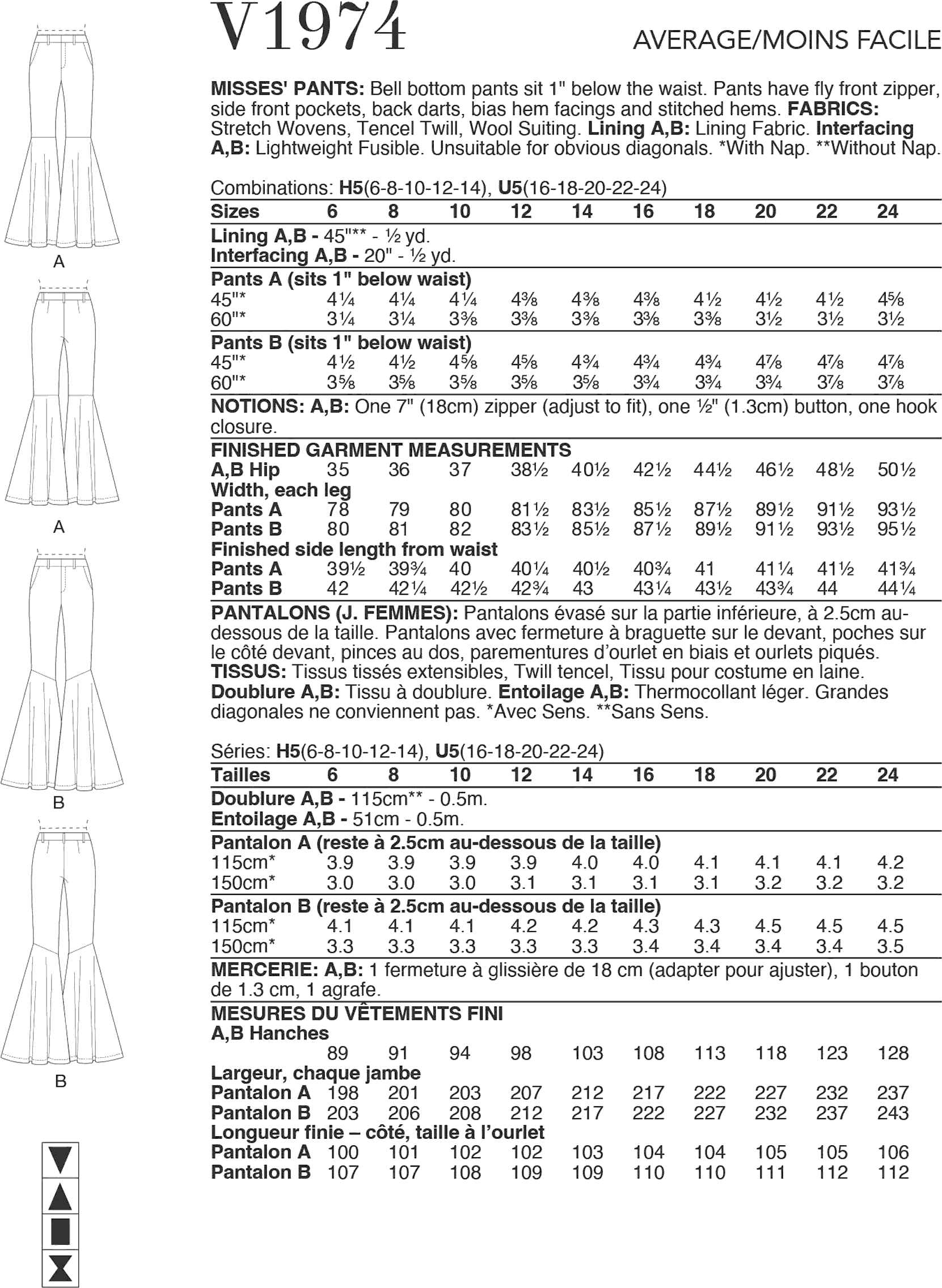 Vogue Pattern V1974 Misses Pants 1974 Fabric Quantity Requirements From Patternsandplains.com