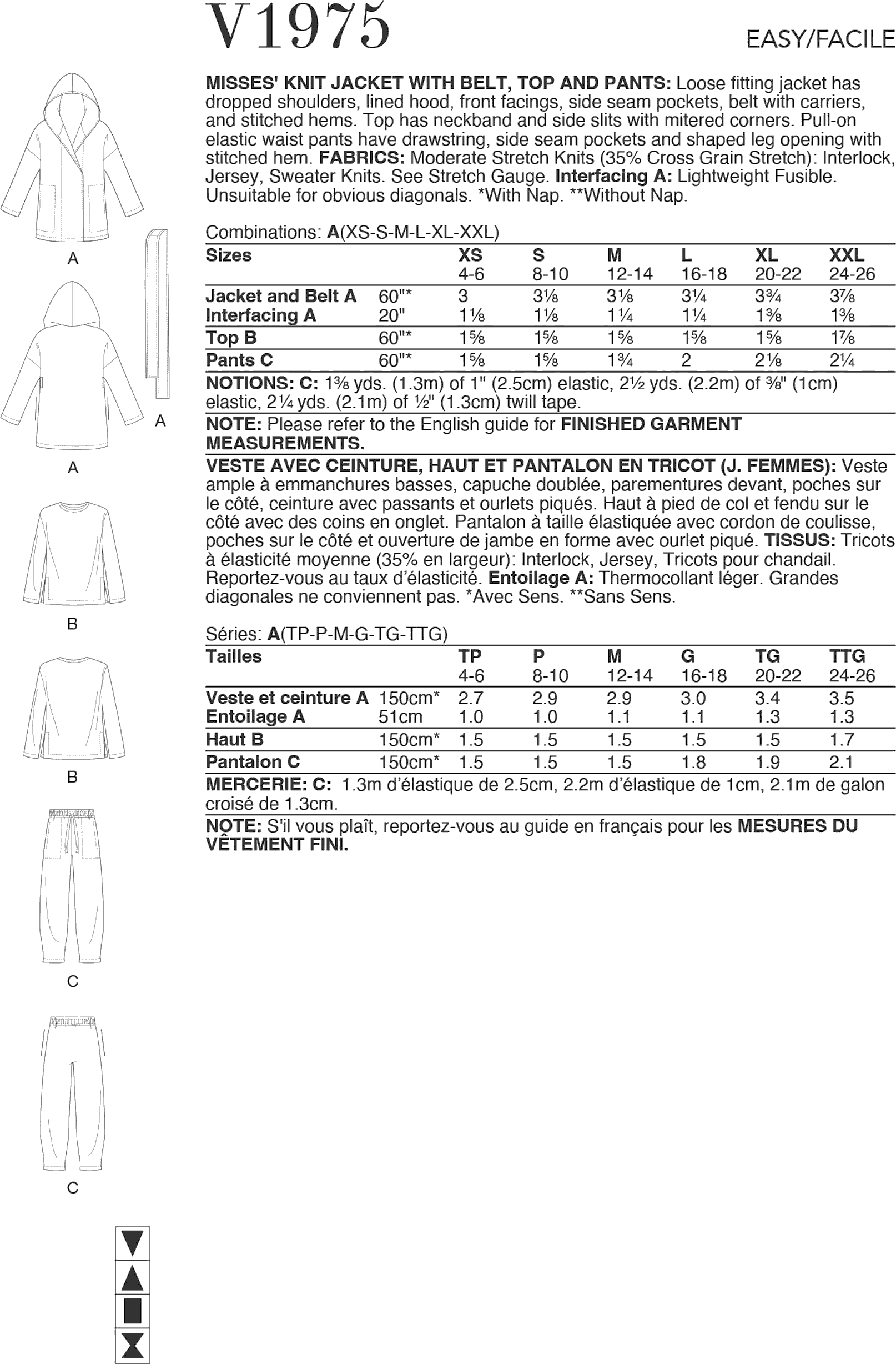 Vogue Pattern V1975 Misses Knit Jacket with Belt Top and Pants 1975 Fabric Quantity Requirements From Patternsandplains.com