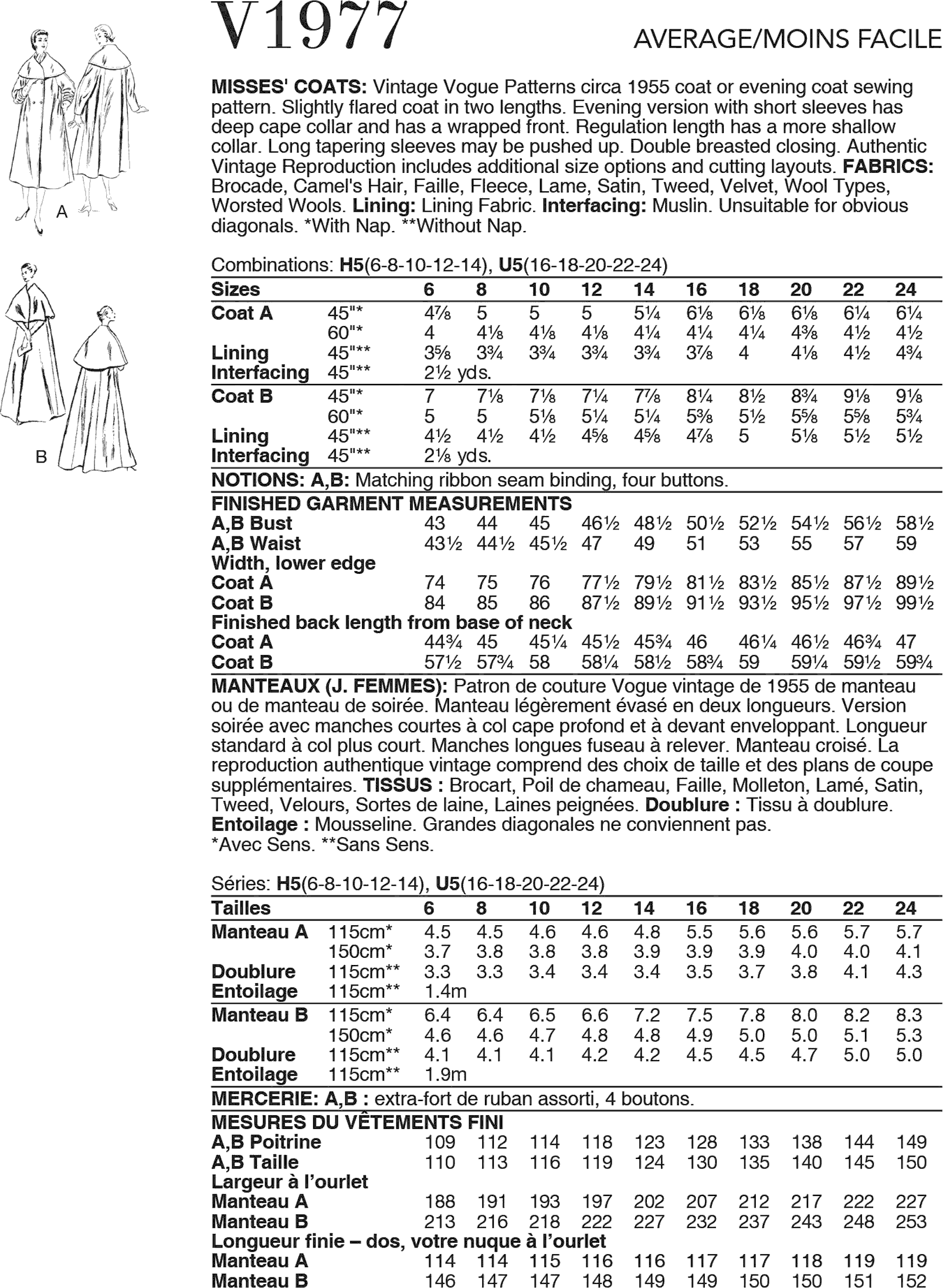Vogue Pattern V1977 Misses Coats 1977 Fabric Quantity Requirements From Patternsandplains.com