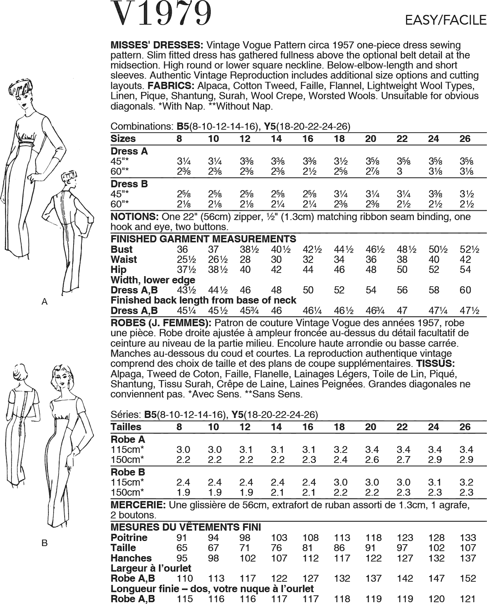 Vogue Pattern V1979 Misses Dresses 1979 Fabric Quantity Requirements From Patternsandplains.com
