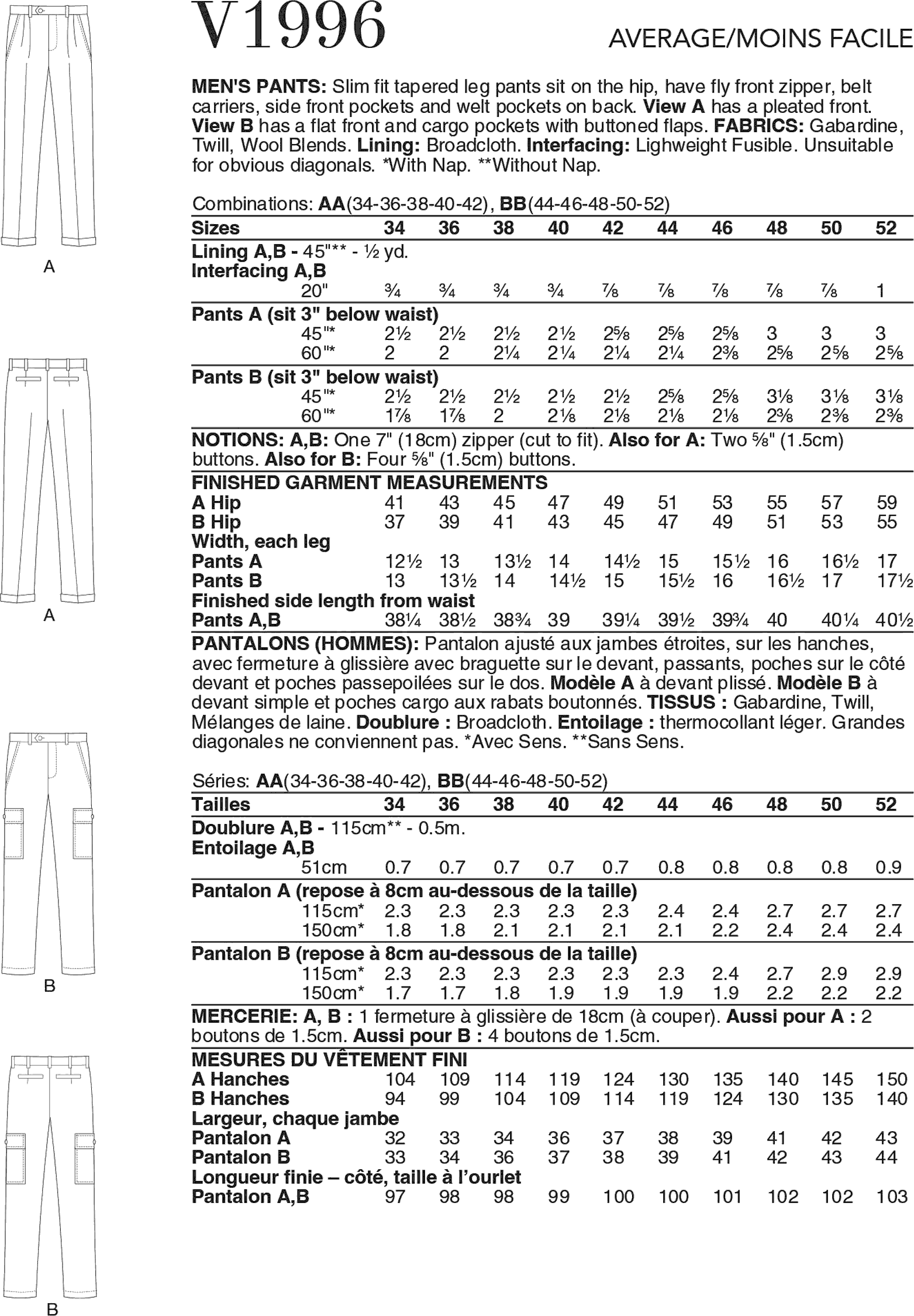 Vogue Pattern V1996 Mens Pants 1996 Fabric Quantity Requirements From Patternsandplains.com
