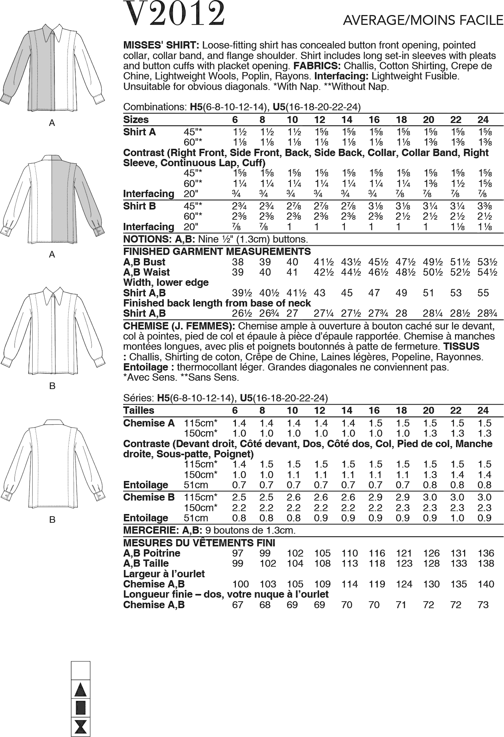 Vogue Pattern V2012 Misses Shirt 2012 Fabric Quantity Requirements From Patternsandplains.com