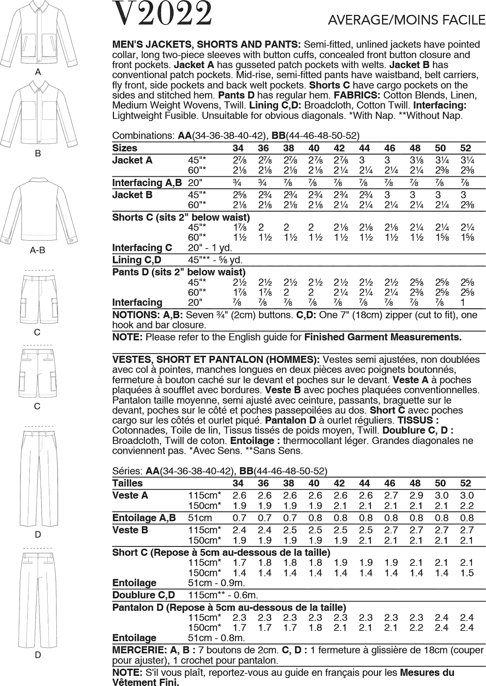 Vogue Pattern V2022 Mens Jackets Shorts and Pants 2022 Fabric Quantity Requirements From Patternsandplains.com