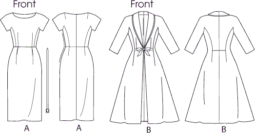 Vogue Pattern V8875 Misses Dress Belt Coat and Detachable Collar 8875 Line Art From Patternsandplains.com