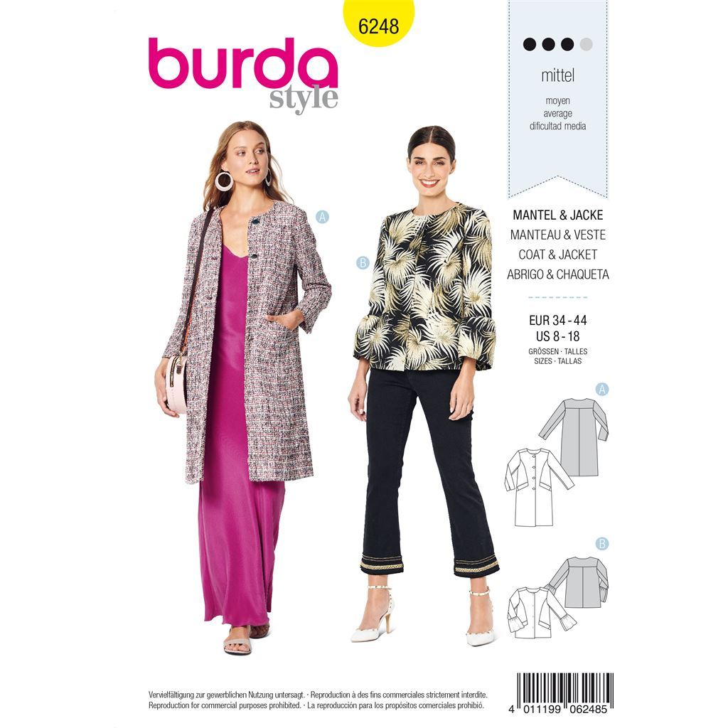 Burda Style Pattern 6248 Misses' Coat - Jacket - Collarless B6248 ...