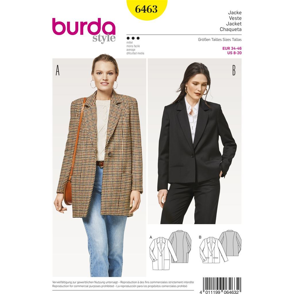 Burda Style Pattern B6463 Women's Blazer 6463 - Patterns and Plains