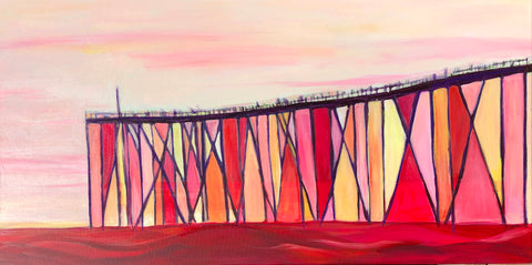 Californian Coastal Sunset painting. Bright reds and oranges and yellows. Abstract Hermosa Beach Pier.