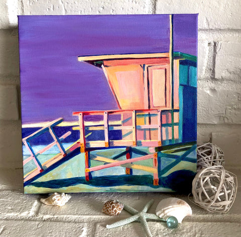 End of the Day painting. Fauvist lifeguard tower. Redondo Beach art.