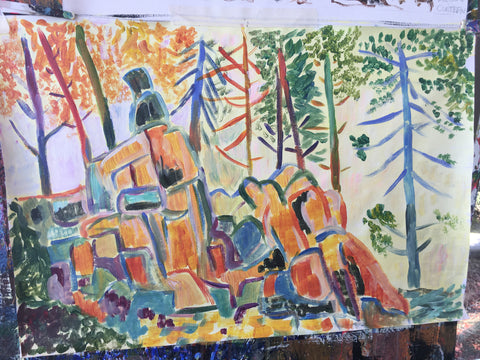 fauvist sketch of big bear rocks and trees