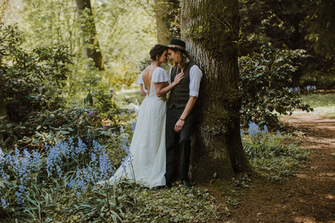 newly married couple bride in lace wedding dress