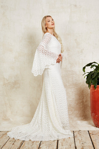 bohemian lace wedding dress with bell sleeves 3