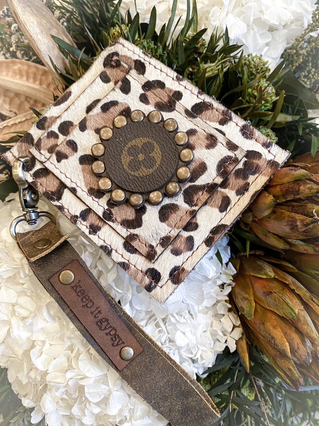 Flora Distressed Leopard Cowhide Upcycled LV Wallet with Snap