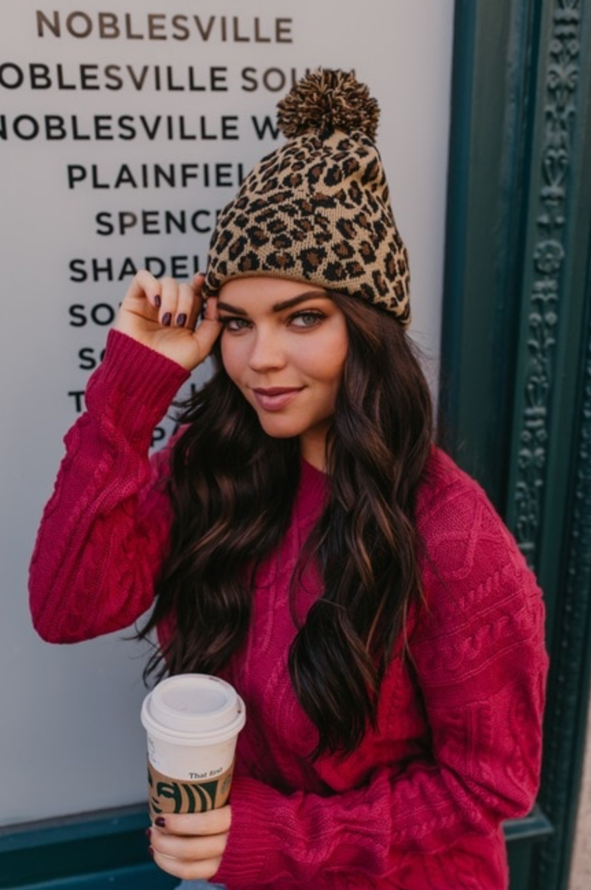 Upcycled LV Leopard Print Beanie with Pom Pom