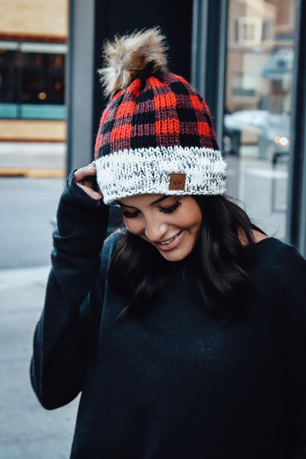 buffalo plaid pom pom hat